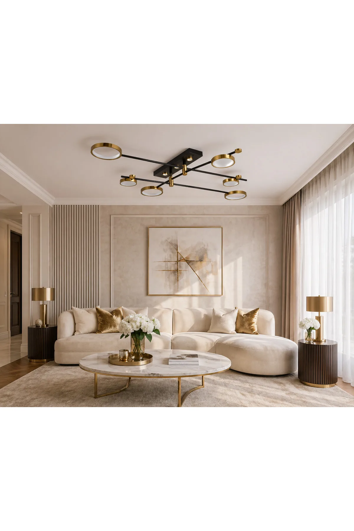 Premium Gold Siyah Plafonyer Avize Modern Halka Tasarımlı LED Aydınlatma-3 RENK IŞIK