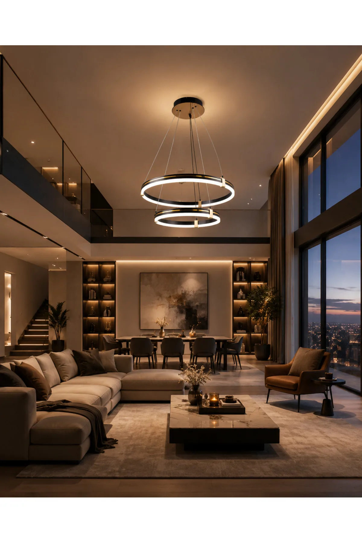 Modern LED Sarkıt Avize | 3 Renk Yanar| Siyah Gold Tasarım PREMIUM