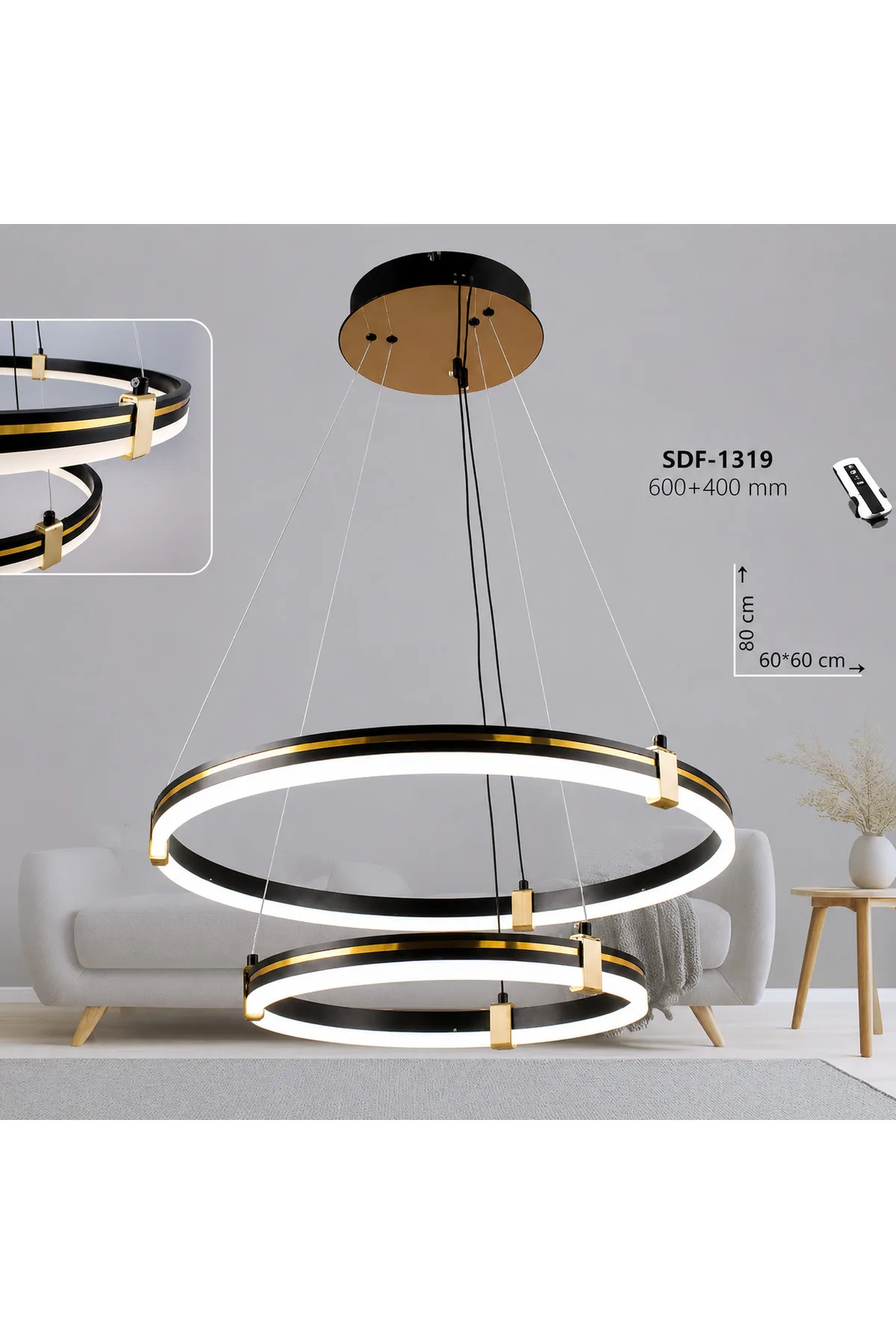 Modern LED Sarkıt Avize | 3 Renk Yanar| Siyah Gold Tasarım PREMIUM